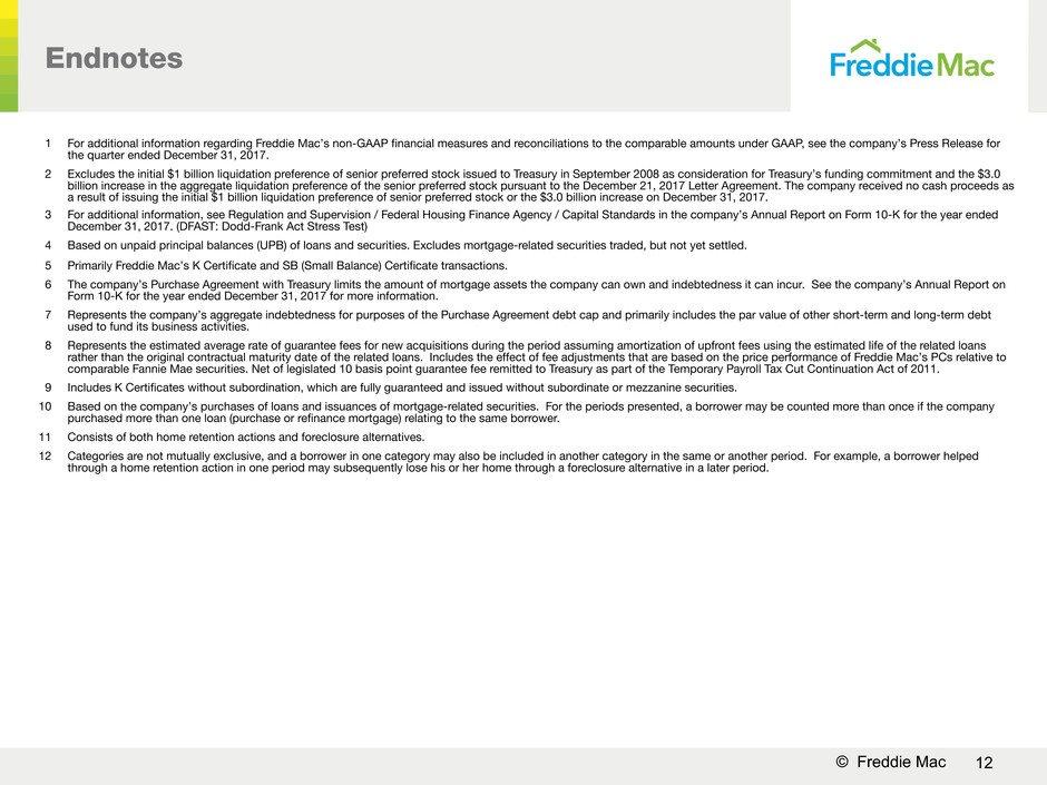 12 Freddie Mac Endnotes 1 For additional information regarding Freddie Mac s non-gaap financial measures and reconciliations to the comparable amounts under GAAP, see the company s Press Release for
