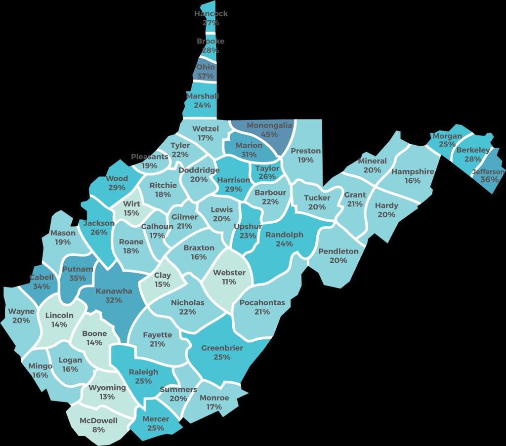 Monongalia County 45% PERCENTAGE OF ADULTS AGED 25-64 WITH AN