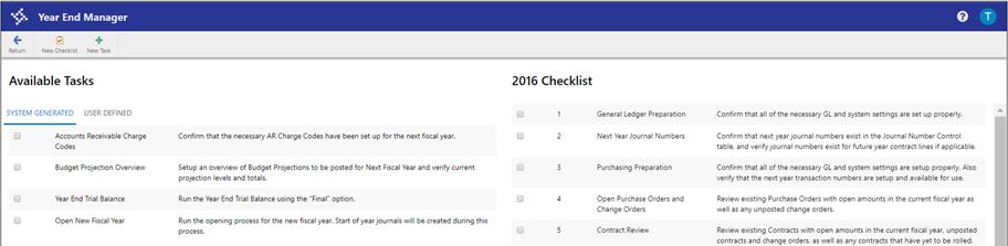 Procedure To create a year-end checklist: 1. Open the Year End Manager program.