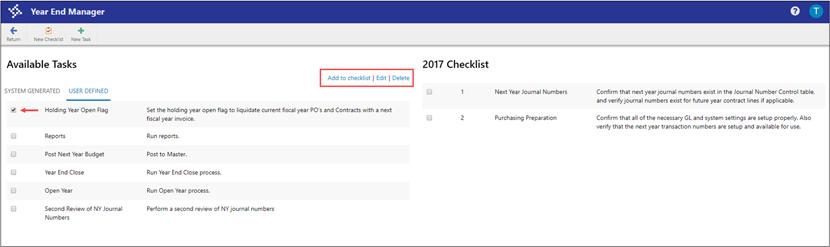 14. Select the check box for the user-defined task to add to the Checklist pane. The program displays the Add to Checklist, Edit, and Delete options.