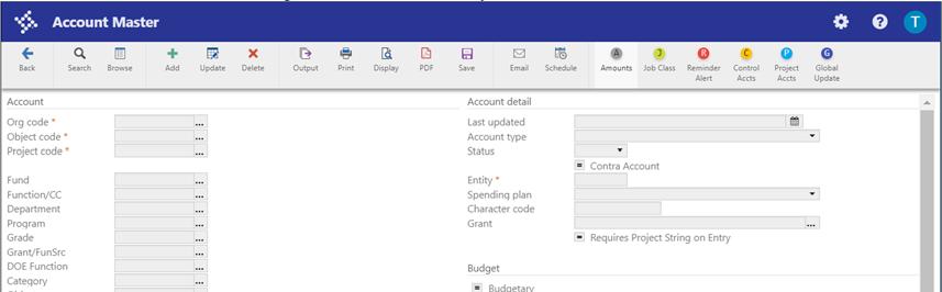 Procedure Use the following steps to create accounts: Open the Account Master program. Financials > General Ledger Menu > Set-Up/Chart of Accounts > Account Master On the toolbar, click Add.