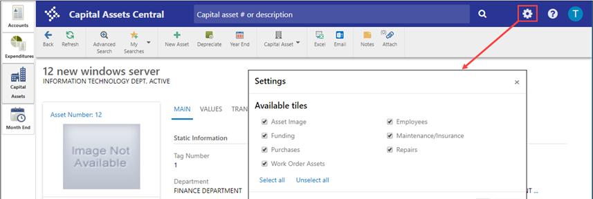 The following table describes each available tile option. Tile Description Notes Asset Image Funding Purchases Work Order Assets Employees Displays the asset image, if available.