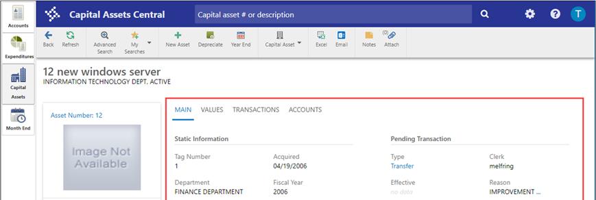 The right side of the asset record screen features the Main, Values, Transactions, and Accounts tabs, which store additional asset details.