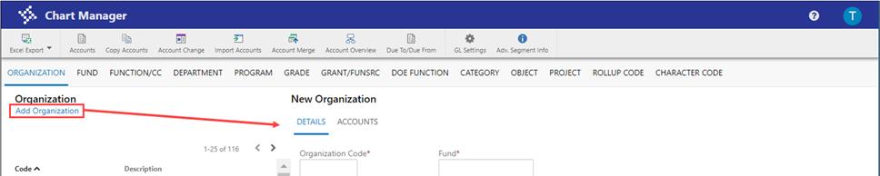 Adding an Org Code Click the Organization tab. Click Add Organization.