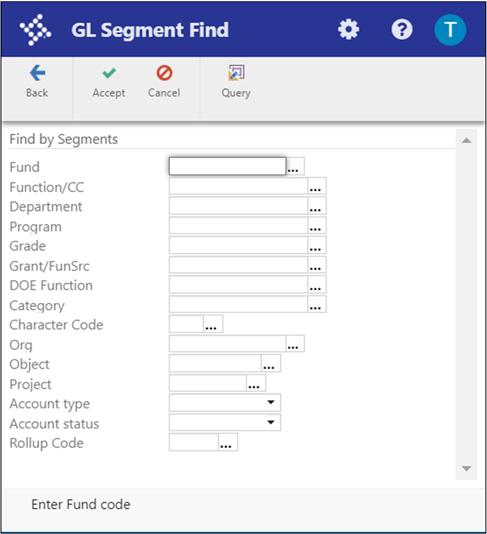 If you select Seg Find, complete the fields on the GL Segment
