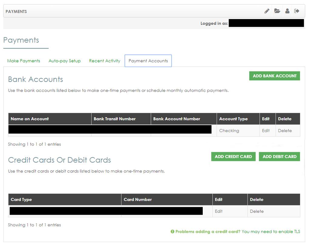 Step 5: To add a bank account, credit card, or debit card select the Payments