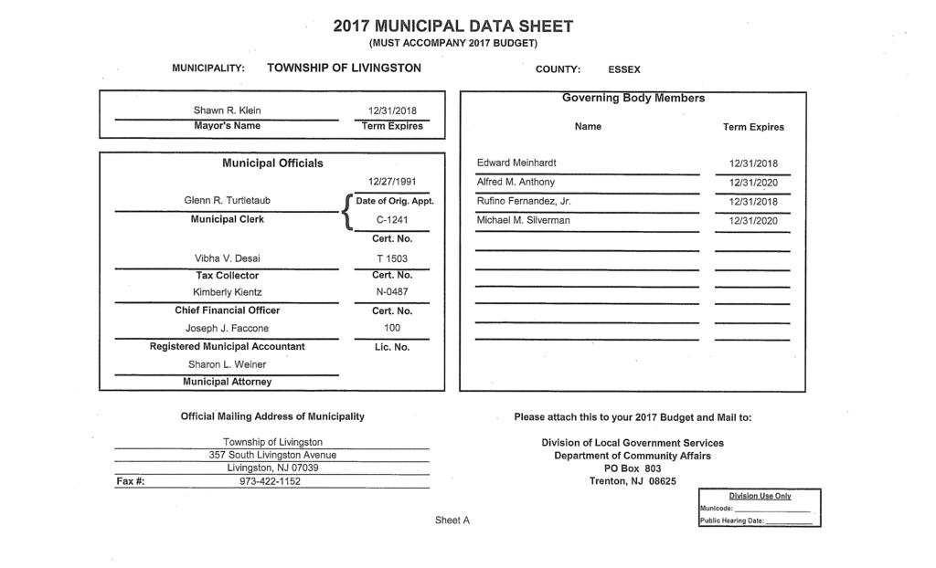 2017 MUNICIPAL DATA SHEET (MUST ACCOMPANY 2017 BUDGET> MUNICIPALITY: TOWNSHIP OF LIVINGSTON COUNTY: ESSEX Shawn R.
