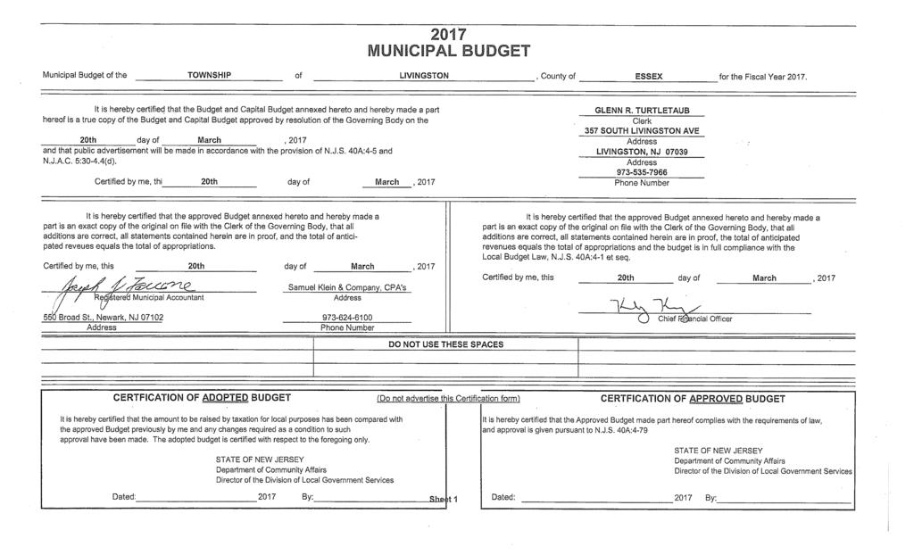 2017 MUNllC~PAL BUDGET Municipal Budget of the TOWNSHIP of LIVINGSTON County of ESSEX for the Fiscal Year 2017.