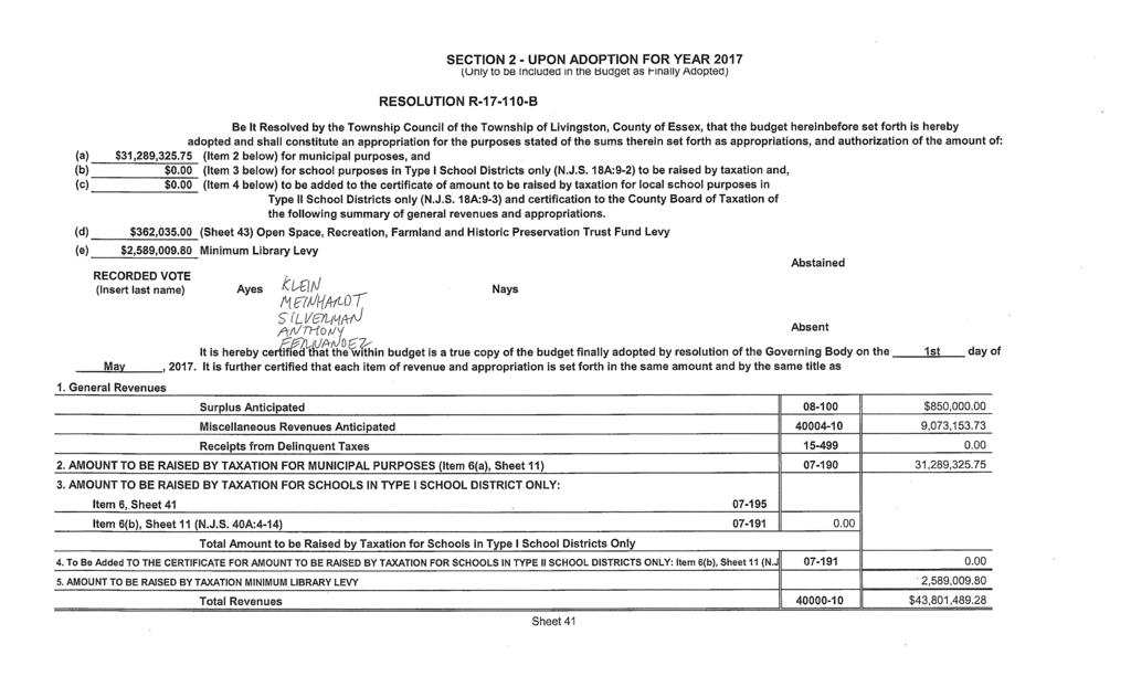 (a) (b) (c) (d) (e) (Sheet $362,035.00 43) Open Space, Recreation, Farmland and Historic Preservation Trust Fund Levy $2,589,009.