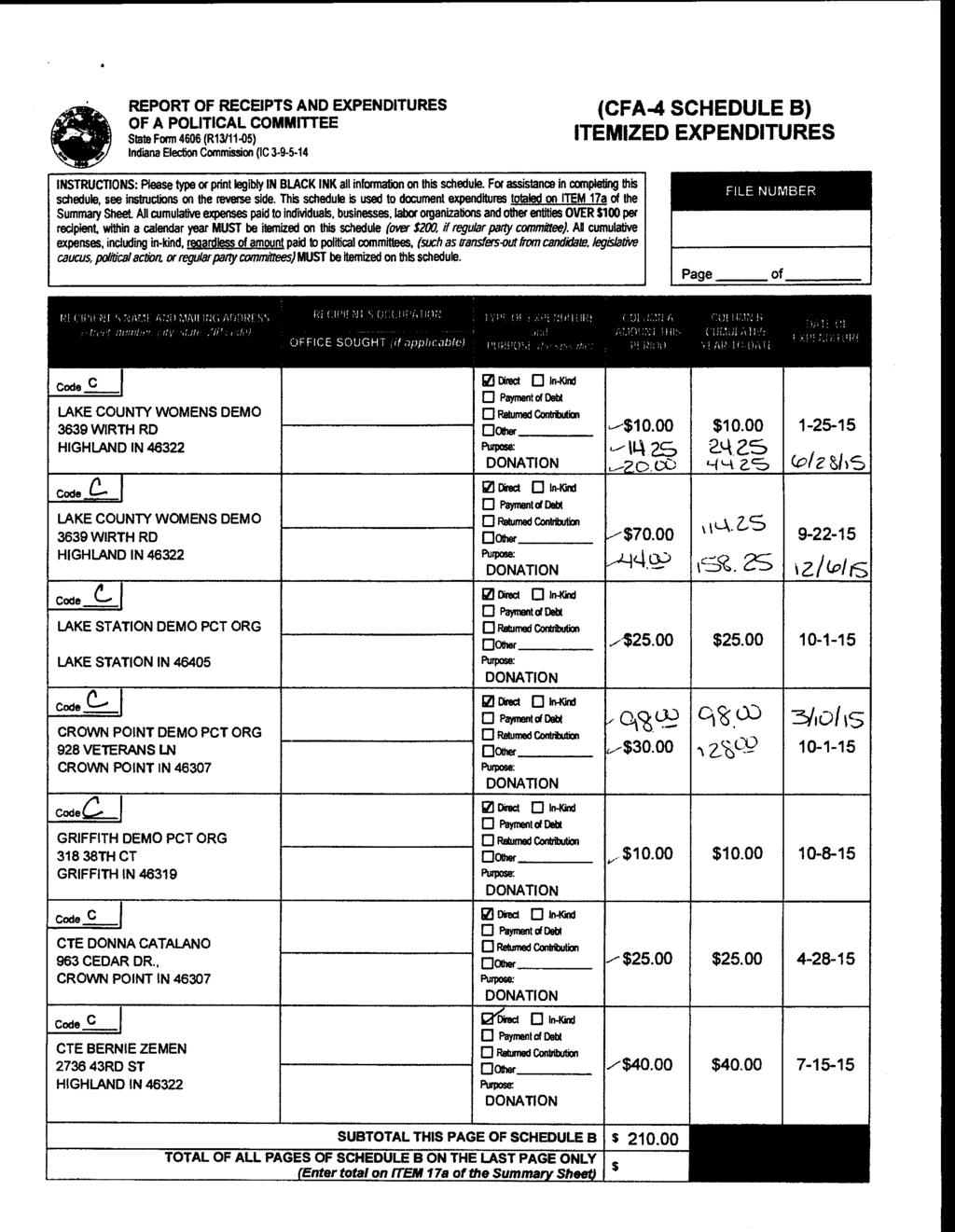 1 OF A POLITICAL COMMITTEE Slate Form 4606 (R13111-05) Indiana Election Commission (IC 3-9-5-14 (CFA-4 SCHEDULE B) ITEMIZED EXPENDITURES INSTRUCTIONS: Please type or print legibly IN BLACK INK all