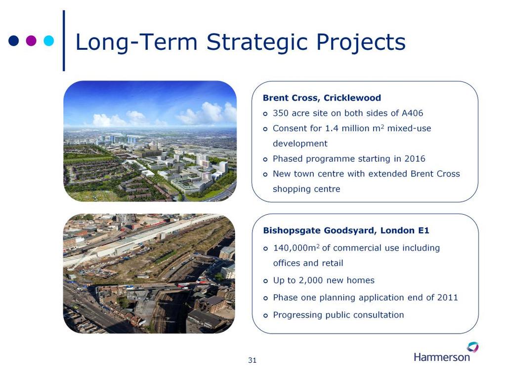 We have two major projects which we continue to progress. These are two of the largest schemes proposed for London, and have significant longer-term value.