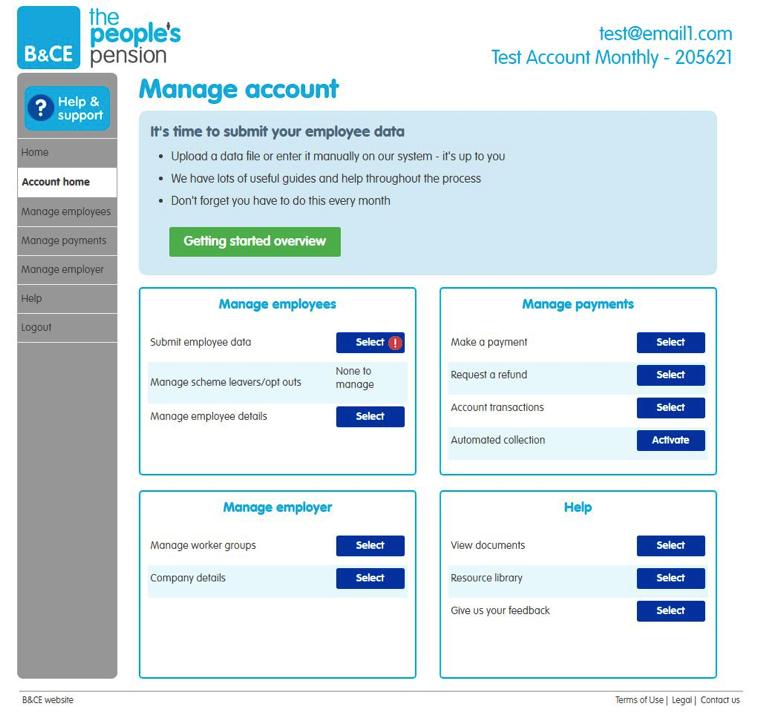 Manage account submitting your employee data You ll reach the manage account screen for the admin account