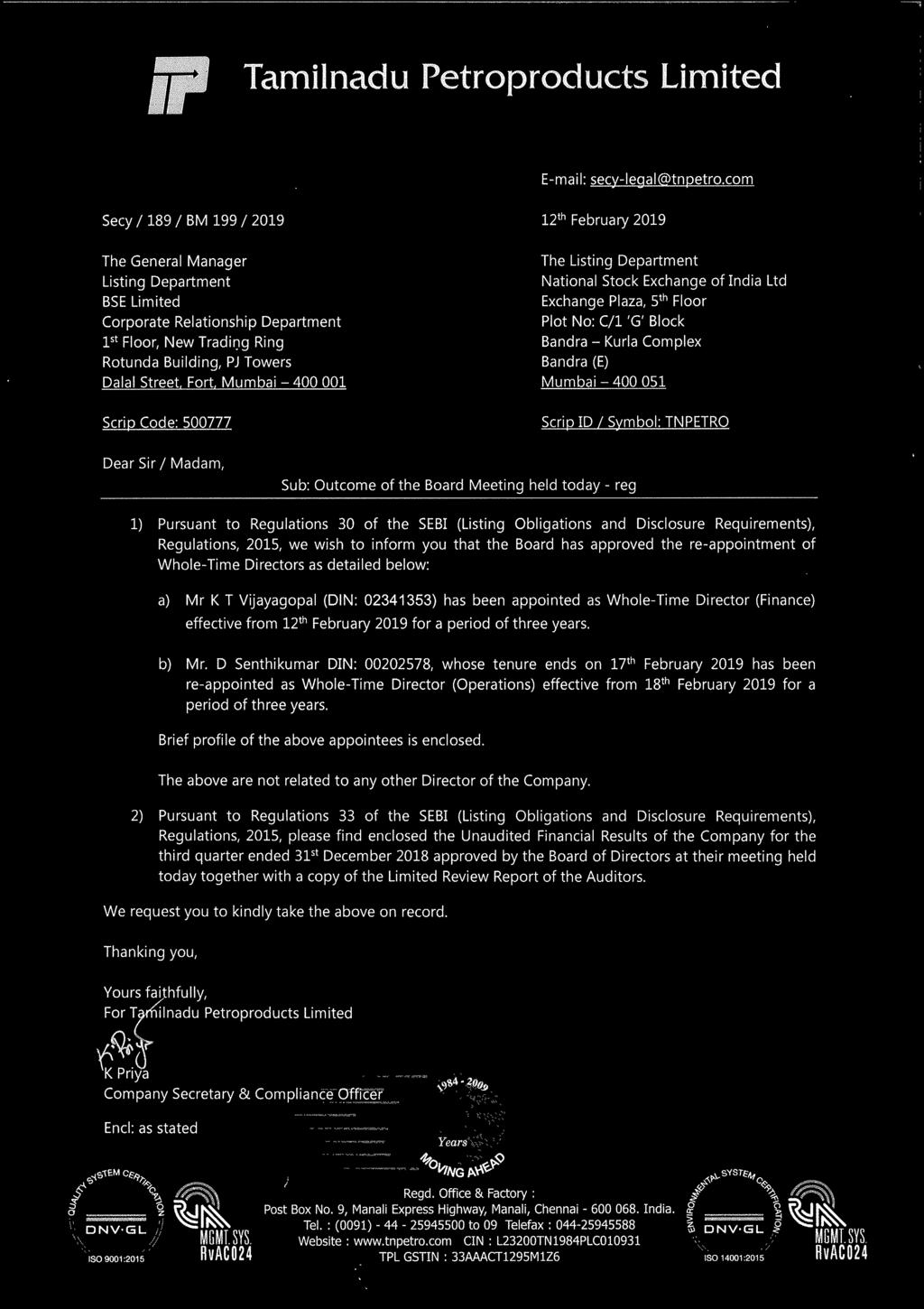 Tamilnadu Petroproducts Limited E-mail: secy-legal@tnpetro.