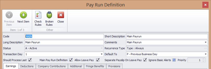 Leave Pay Setup 3. Company Rule Details Pay Run Allow Leave Pay: Check the check box if leave pay values must be calculated when leave pay is activated.
