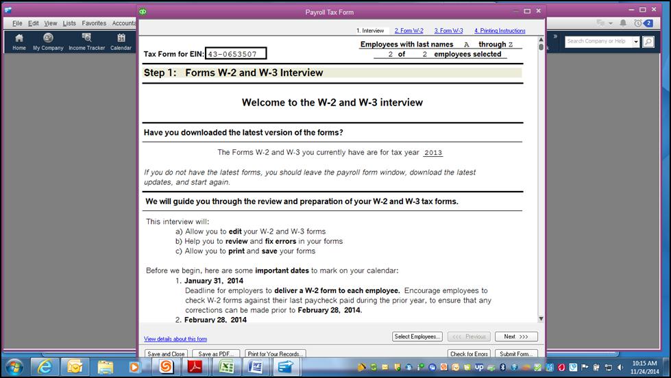 Page 4 of 18 Step 1: Forms W-2 and W-3 Interview window appears.