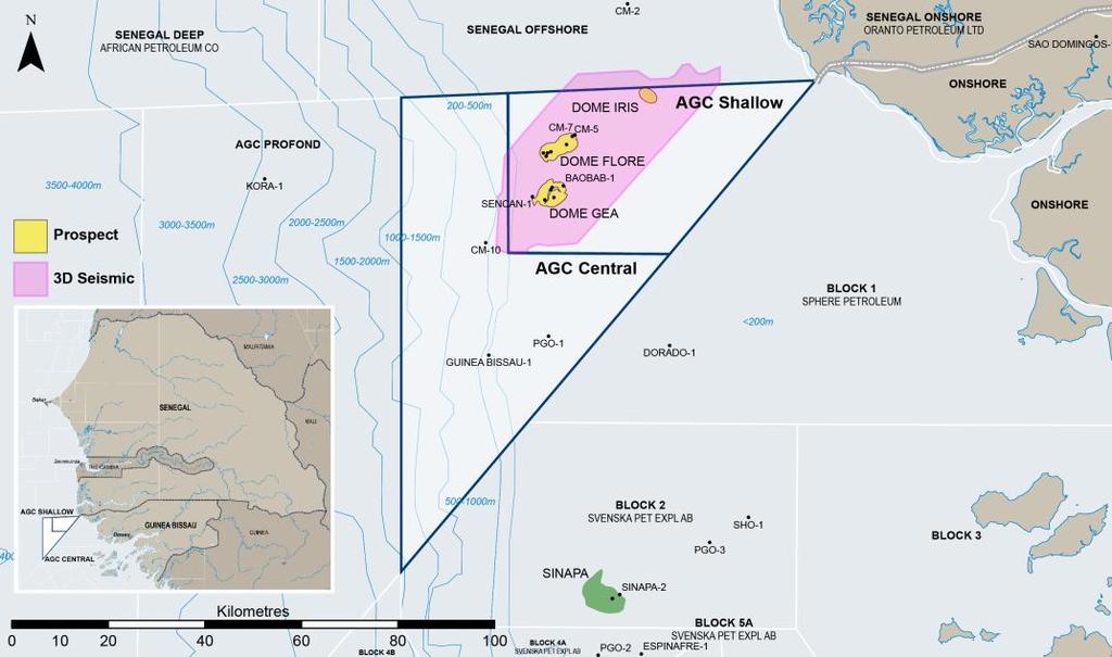 AGC SHALLOW & CENTRAL (SENEGAL / GUINEA BISSAU) AGC Shallow Working petroleum system with two shallow heavy oil discoveries in the 1960s Wells Planned Two deeper light oil play types Seismic