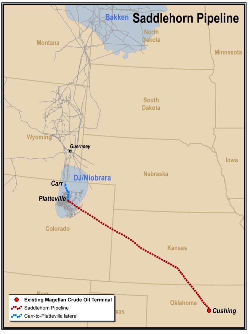 Saddlehorn Pipeline Joint venture to deliver various grades of crude oil from DJ Basin and potentially broader Rocky Mtn region to storage facilities in Cushing, OK owned by MMP and Plains 600-mile