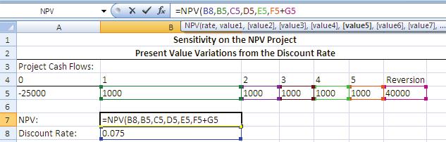 Lesson 1 2. Create a dedicated cell for the discount rate (B8). Enter your NPV formula type the equal sign followed by NPV and the open bracket.