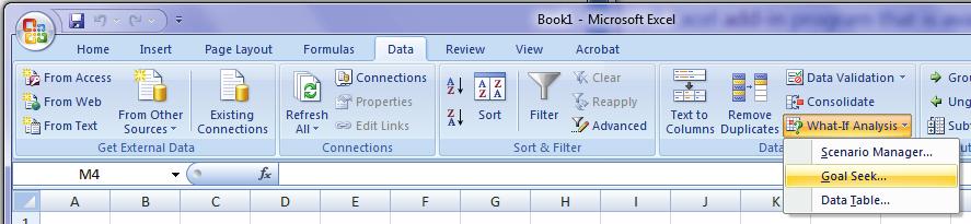 Introduction to Excel Orientation and Tools 3. Navigate to the Data tab, and click on What-if Analysis, and then Goal Seek.
