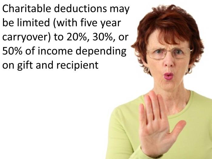 RUSSELL JAMES Of course, the use of charitable deductions is not unlimited and depending on the gift type and the recipient type such deductions are limited to 20%, 30%, or 50% of income.