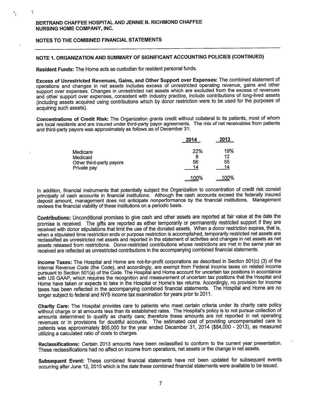 BERTRAND CHAFFEE HOSPITAL AND JENNIE B. RICHMOND CHAFFEE NURSING HOME COMPANY, INC. NOTES TO THE COMBINED FINANCIAL STATEMENTS NOTE 1.