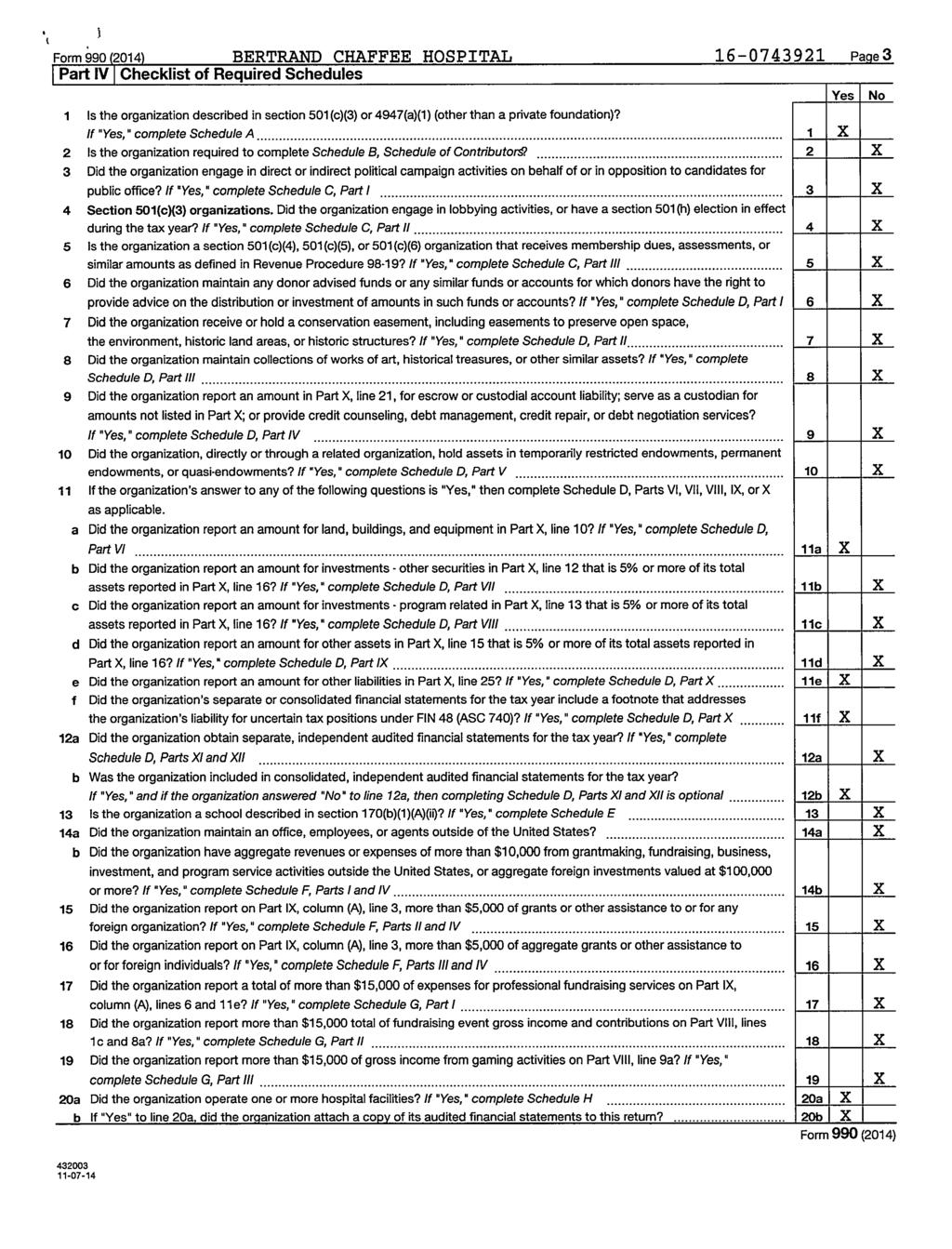 Form 990 (2014) EJRTRANJJ CHA' fios.&ital Part IV I Checklist of Required Schedules.Lb- Yes I No I Is the organization described in section 501 (c)(3) or 4947(a)(1) (other than a private foundation)?
