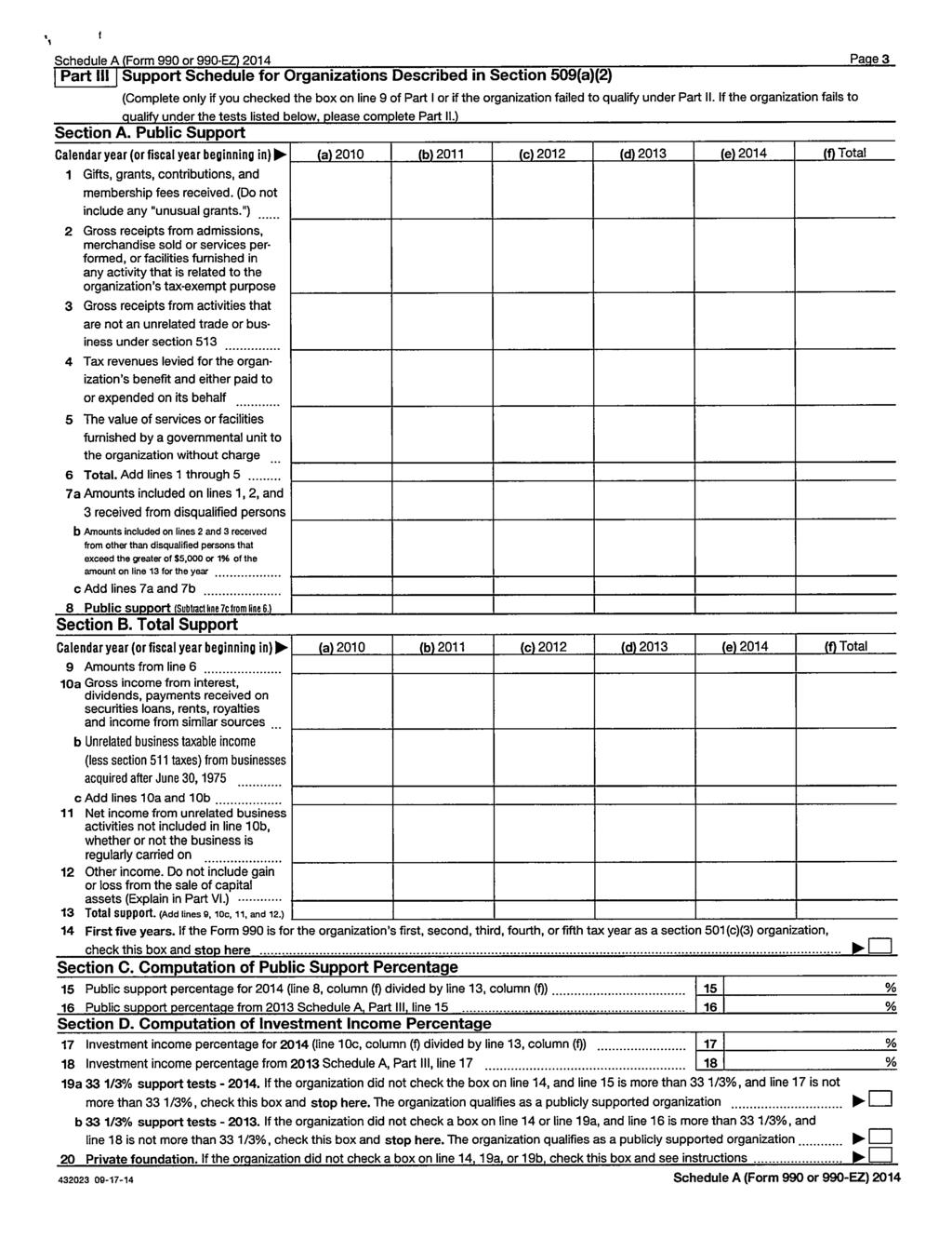 Schedule A (Form 990 or 990-EZ) 2014 Page 3 Part Ill Support Schedule for Organizations Described in Section 509(a)(2) (Complete only if you checked the box on line 9 of Part I or if the organization