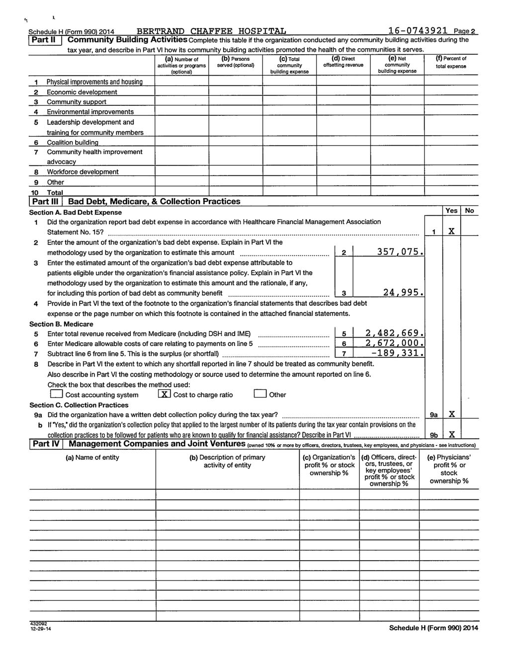 Schedule H (Form 990) 2014 BERTRAND CHAFFEE HOSPITAL 16-0743921 Page 2 I Part 11 Community Building Activities Complete this table if the organization conducted any community building activities