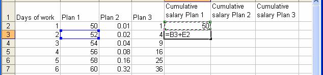 E. Graphing the daily cumulative salary for each payment plan E1. Create 3 new columns.