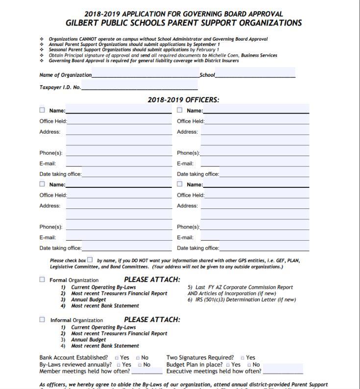 GPS PSO Application Form 2018-2019 APPLICATION FOR GOVERNING BOARD APPROVAL GILBERT PUBLIC SCHOOLS PARENT