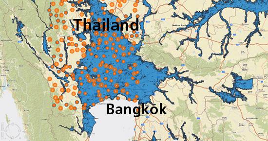 Figure 3. Assess risk in non-modeled regions using custom hazard Layers: e.g., 100- year Thailand flood maps (Source: AIR) The company could also see how much of their exposed limits fall within the