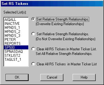 To set RS Tickers When you choose Set RS Tickers from the Set RS Symbols sub-menu, a dialog box is displayed. Two entries are required.