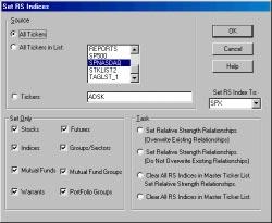 Set RS Indices dialog box Select one of these three options by clicking the option button: All tickers - Sets all of the tickers in your data base.
