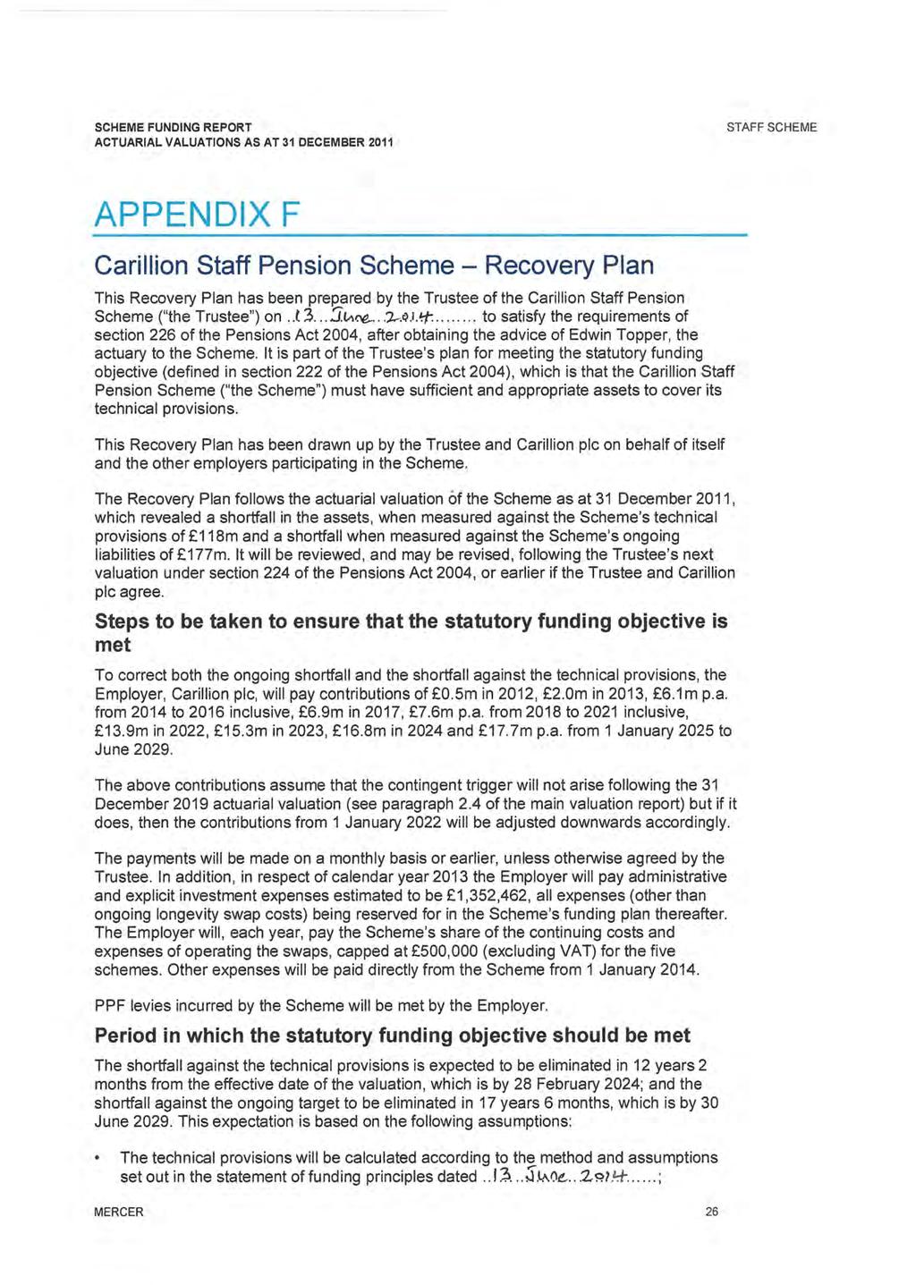 STAFF SCHEME APPENDIX F Carillion Staff Pension Scheme - Recovery Plan This Recovery Plan has been prepared by the Trustee of the Carillion Staff Pension Scheme ("the Trustee") on..t 3....J.t.,v:~....'}.