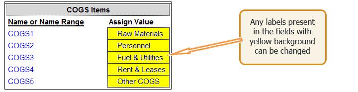 Global tab - as described below - are labels for various line items used elsewhere in the Model.