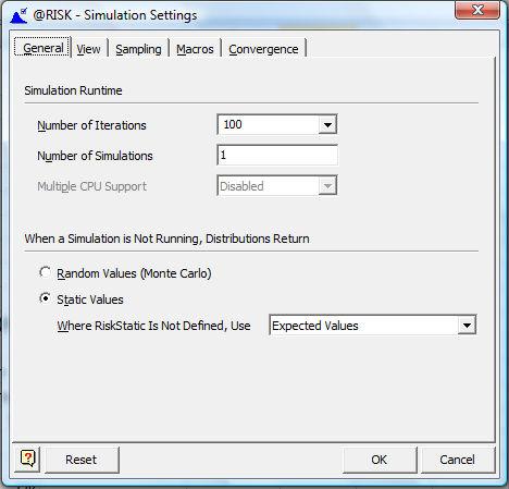 Figure 6: Some simulation settings 7.2. To Change the number of times the model is simulated, click the Iterations tab and type 1000 in the text box for # Iterations. 7.3.