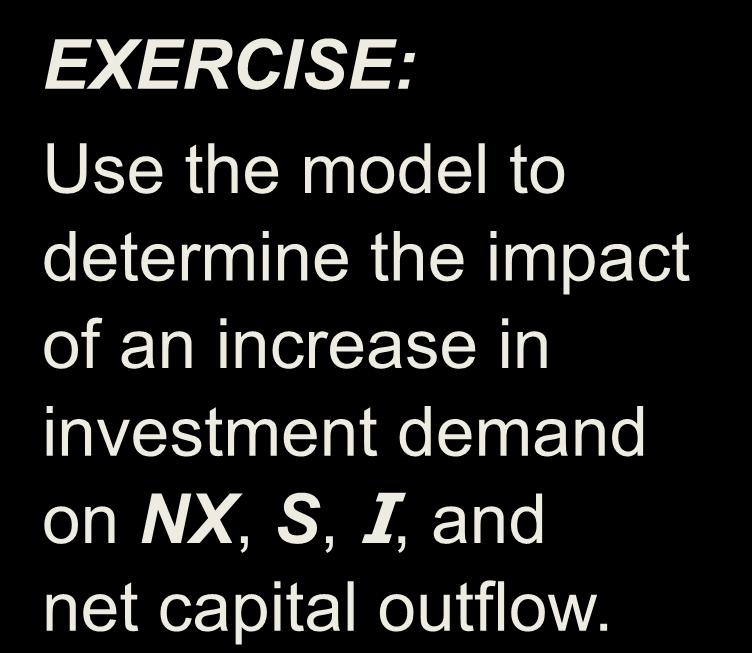 3. An increase in investment demand r S * r EXERCISE: Use the model to determine the impact