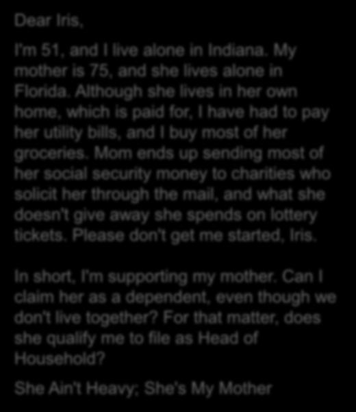 Dear IRIS: by Brad Martin Dear Iris, I'm 51, and I live alone in Indiana. My mother is 75, and she lives alone in Florida.