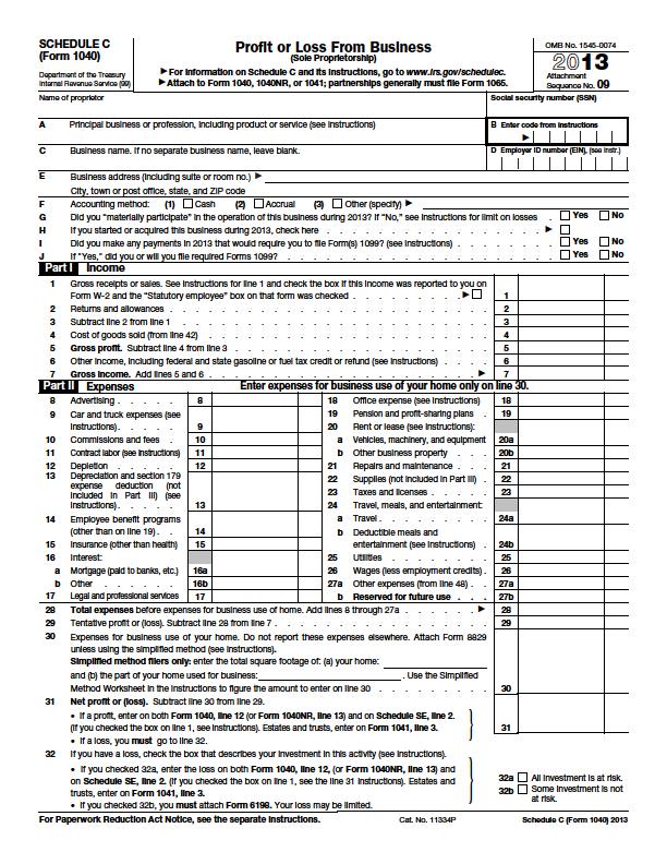 Sample IRS 1040 Schedule C