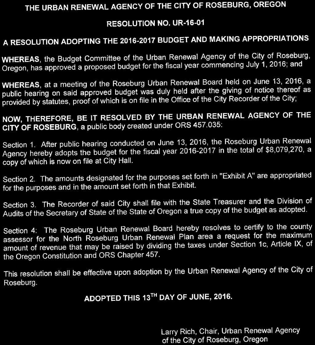 THE URBAN RENEWAL AGENCY OF THE CITY OF ROSEBURG, OREGON RESOLUTION NO.