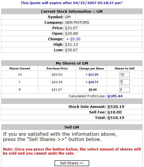 The Calculated Profit/Loss amount shows whether you made a profit or loss on this stock (based on the purchase and sale prices). In the example above, the student will make a profit of 11.