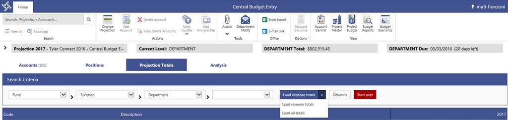 Choose up to 4 segments to calculate projection totals on. Central Budget Entry Projection Totals 2.