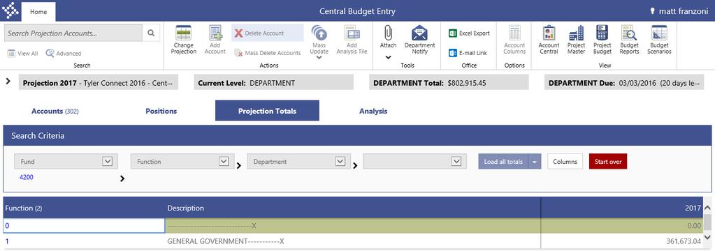 departments within each function. Central Budget Entry Projection Totals The General Fund Totals are now displayed.