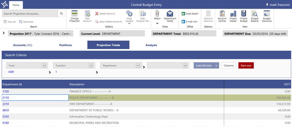Central Budget Entry Projection Totals Clear your search criteria by clicking the Start Over Button at any time. 11.2 Columns Option In 11.