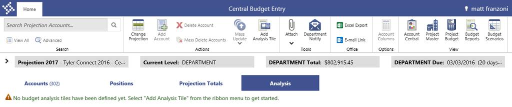 The Analysis Tiles allow for 1. From the main Central Budgeting Screen click the Analysis View. Central Budget Entry Analysis Tab Add Analysis Tile 2.
