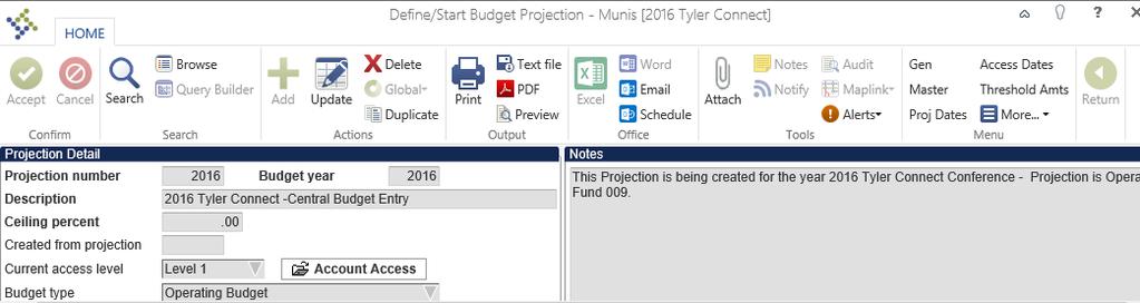 2. Once the Budget Department Settings are established the next step is to create a budget projection in the Define/Start Budget Projection program.