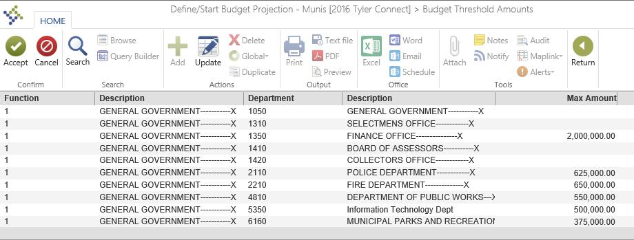 Entry functionality. Define Start Budget Projection Access Dates/Threshold Amts Options Budget Threshold Amounts Financials > Budget Processing> Define Start Budget Projections 1.