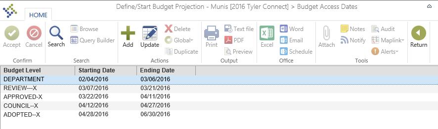 Budget Access Dates Financials > Budget Processing> Define Start Budget Projections 1.