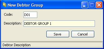 6.5 How to Add/Edit a Debtor Group Select Config -> Account -> Debtor Groups Similar to Sales/Expenses Group, the Debtor Group Code enables you to classify various Debtors into a specify group. Eg.