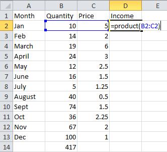 use =product(b3:c3) which gives us the income for February and so on.
